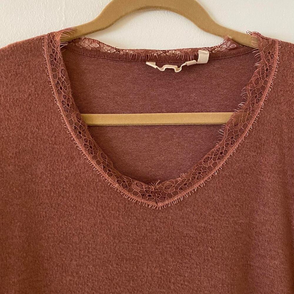 Surroundings brand- Rust Burnt Copper long sleeve blouse, shirt  with lace trim